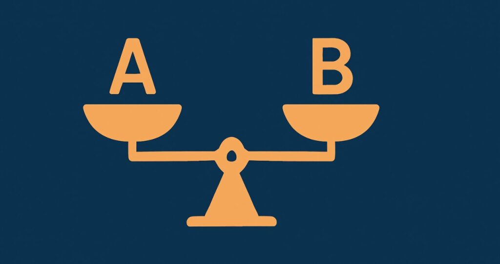 2つの選択肢を比較する天秤のイラスト(AとB)